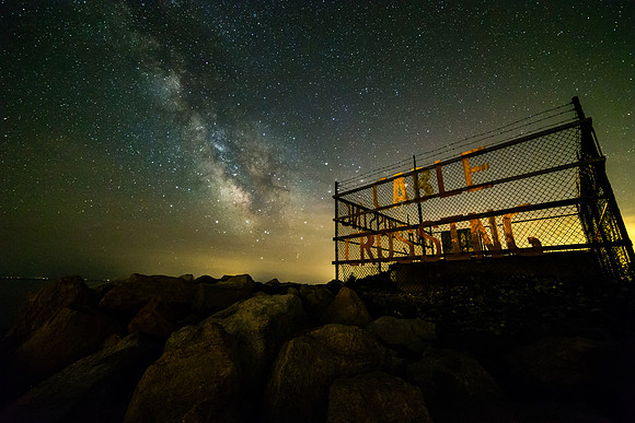 Milky Way and Cable Crossing Sign - Orient Point, Long Island, NY